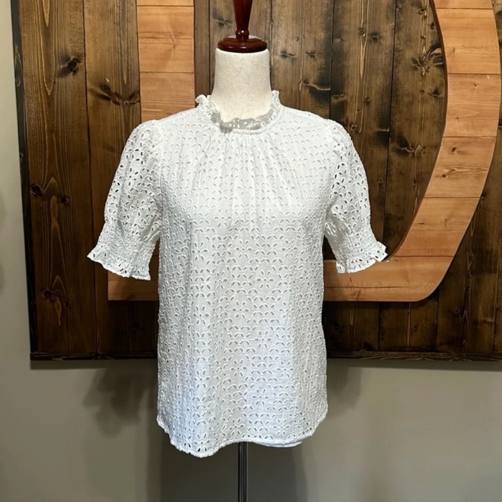 J.Crew Smocked Puff-Sleeve Top in White Eyelet